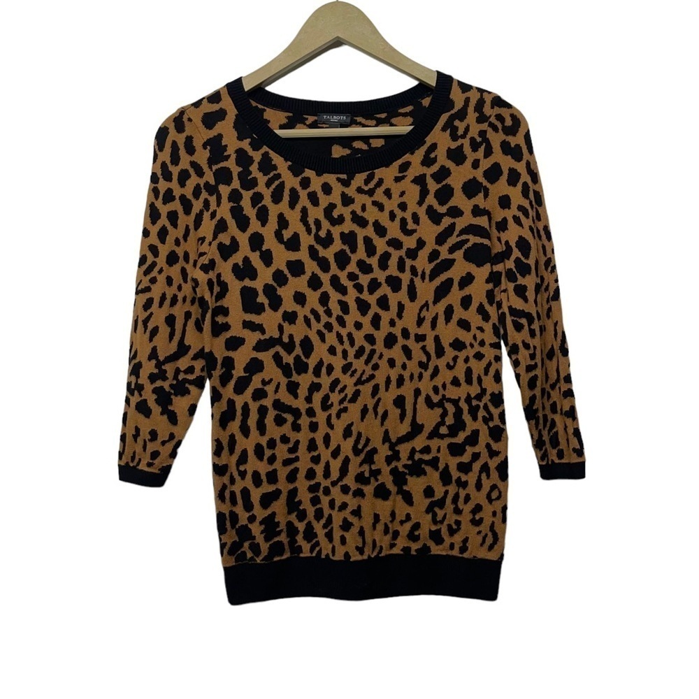 Talbots‎ Tan Black Leopard Print 3/4 Sleeve Sweater Size Small Petite